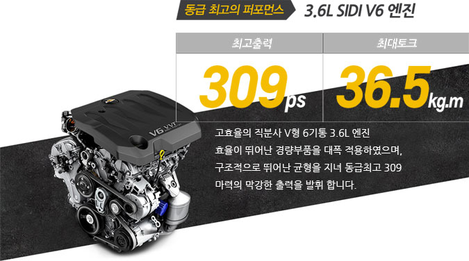 고효율의 직분사 V형 6기통 3.6L 엔진
				효율이 뛰어난 경량부품을 대폭 적용하였으며, 구조적으로 뛰어난 균형을 지녀 동급최고 309마력의 막강한 출력을 발휘 합니다.캐딜락 대형 세단인 XTS와 동일한 엔진으로서 역동적인 성능과 뛰어난 연비는 물론 탁월한 내구성까지 지닌 프리미엄급 엔진입니다.